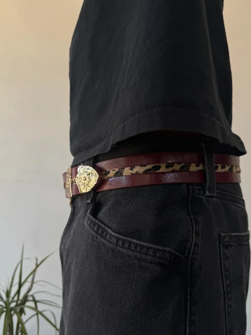 Deep Burgundy Leopard Inlay Ornate Western Belt